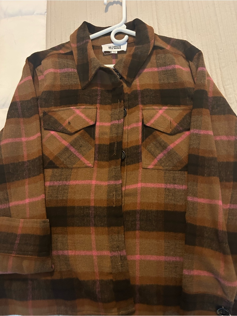 Wool Blend Plaid Shacket with Pink Accent